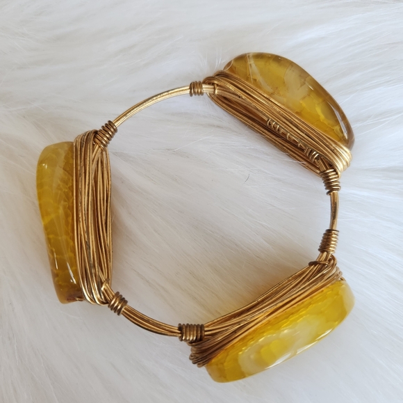 Gold wire wrapped agate gem stone bangle bracelet - Picture 2 of 3